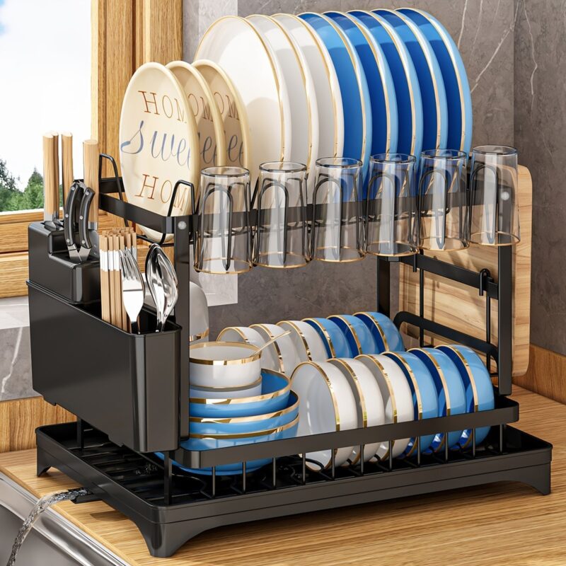 1 Set Dish Rack. 2 Tier Dish Drying Rack. Rustproof Kitchen Dish Drying Rack With Drainboard And Utensil Holder For Kitchen Countertop. Kitchen Accessories